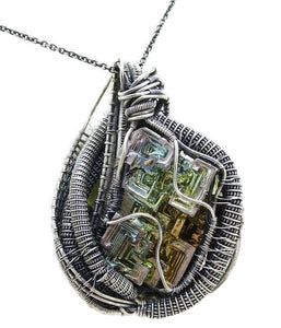 Bismuth Crystal Wire-Wrapped Pendant in Sterling Silver with UV-Reactive Glass