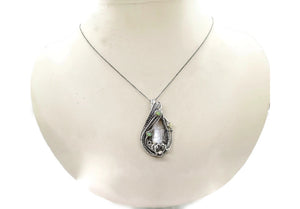 White Pearl Pendant with Ethiopian Opals, Wire-Wrapped in Sterling Silver