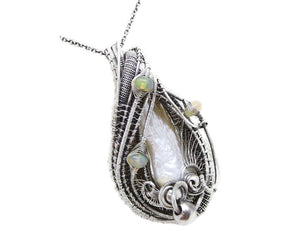 White Pearl Pendant with Ethiopian Opals, Wire-Wrapped in Sterling Silver