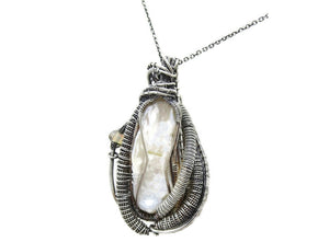 White Pearl Pendant with Ethiopian Opals, Wire-Wrapped in Sterling Silver