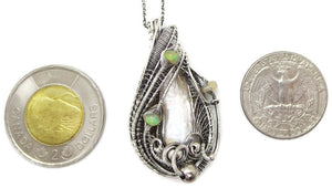 White Pearl Pendant with Ethiopian Opals, Wire-Wrapped in Sterling Silver
