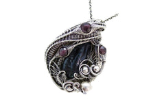 Load image into Gallery viewer, Cultured Black Freshwater Pearl Pendant with Rhodolite Garnet, Sterling silver Wire Wrap