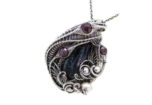 Cultured Black Freshwater Pearl Pendant with Rhodolite Garnet, Sterling silver Wire Wrap