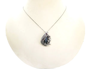 Cultured Black Freshwater Pearl Pendant with Rhodolite Garnet, Sterling silver Wire Wrap