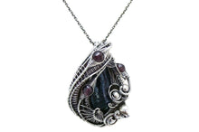 Load image into Gallery viewer, Cultured Black Freshwater Pearl Pendant with Rhodolite Garnet, Sterling silver Wire Wrap