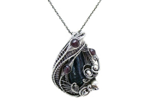 Cultured Black Freshwater Pearl Pendant with Rhodolite Garnet, Sterling silver Wire Wrap