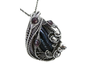 Cultured Black Freshwater Pearl Pendant with Rhodolite Garnet, Sterling silver Wire Wrap