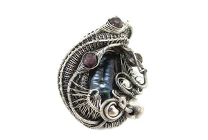 Cultured Black Freshwater Pearl Pendant with Rhodolite Garnet, Sterling silver Wire Wrap