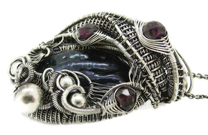 Cultured Black Freshwater Pearl Pendant with Rhodolite Garnet, Sterling silver Wire Wrap