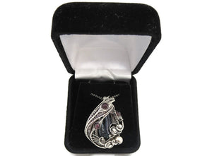 Cultured Black Freshwater Pearl Pendant with Rhodolite Garnet, Sterling silver Wire Wrap