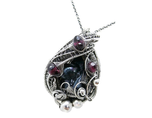 Cultured Black Freshwater Pearl Pendant with Rhodolite Garnet, Sterling silver Wire Wrap