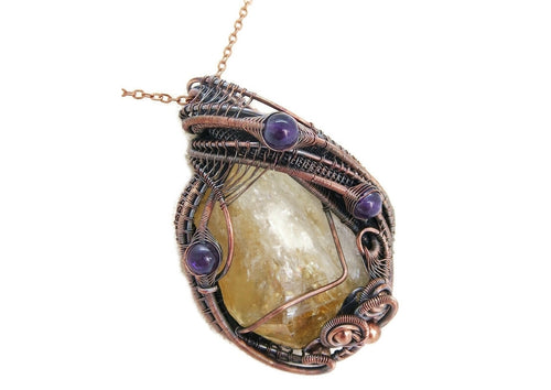 Citrine Crystal Wire Wrapped Pendant Necklace with Amethyst in Bronze