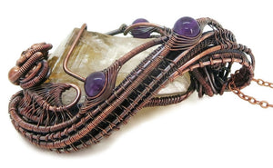 Citrine Crystal Wire Wrapped Pendant Necklace with Amethyst in Bronze