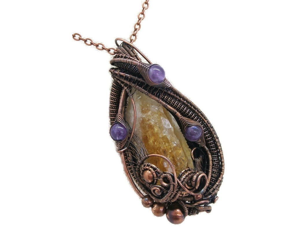 Citrine Crystal Wire Wrapped Pendant in Bronze with Amethyst