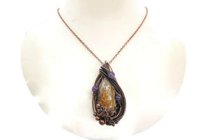 Citrine Crystal Wire Wrapped Pendant in Bronze with Amethyst