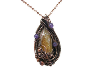 Citrine Crystal Wire Wrapped Pendant in Bronze with Amethyst