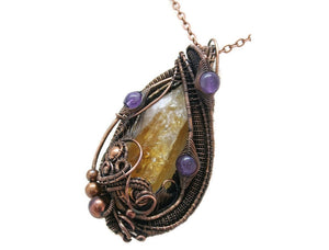 Citrine Crystal Wire Wrapped Pendant in Bronze with Amethyst