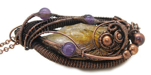 Citrine Crystal Wire Wrapped Pendant in Bronze with Amethyst