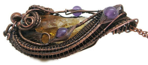 Citrine Crystal Wire Wrapped Pendant in Bronze with Amethyst