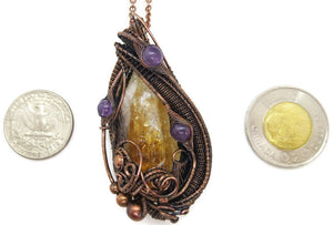 Citrine Crystal Wire Wrapped Pendant in Bronze with Amethyst