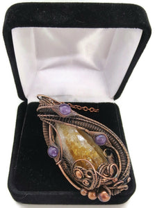 Citrine Crystal Wire Wrapped Pendant in Bronze with Amethyst