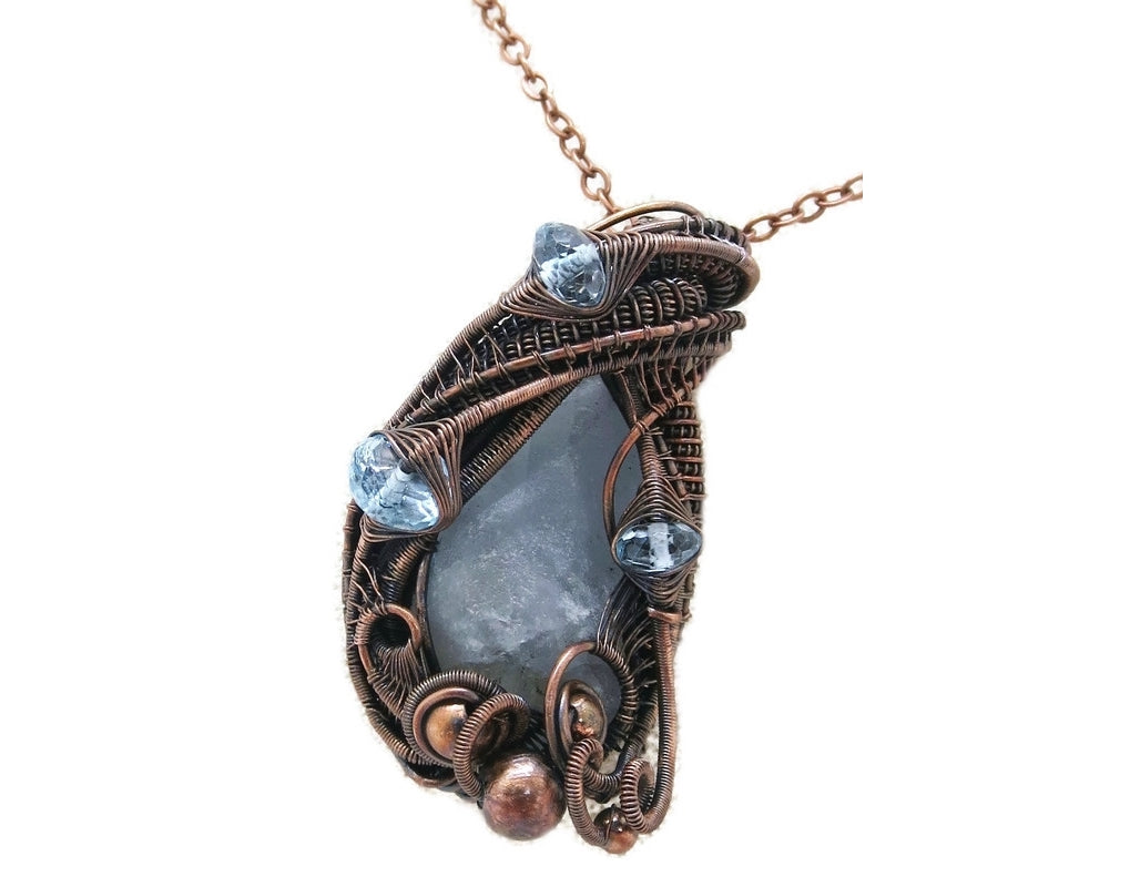 Celestite Wire-Wrapped Pendant in Bronze with Blue Topaz