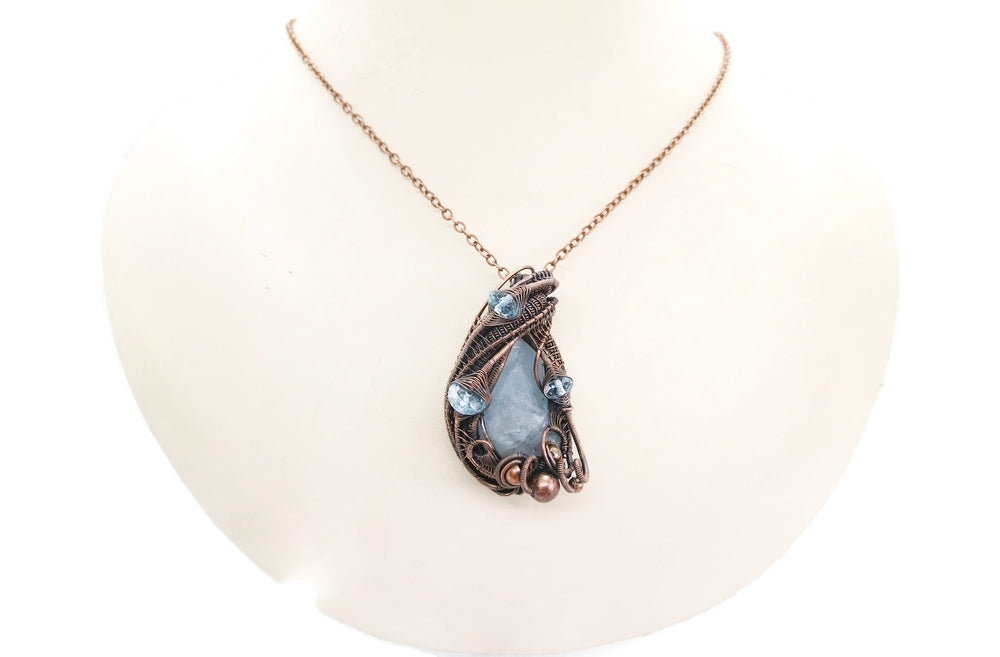 Celestite Wire-Wrapped Pendant in Bronze with Blue Topaz Heather