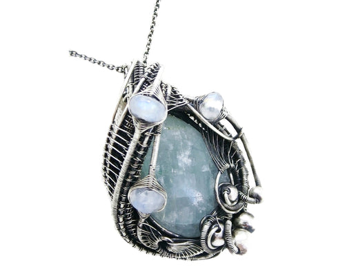 Mystical Celestite & Rainbow Moonstone Wire-Wrapped Sterling Silver Pendant - Gemstone Jewelry