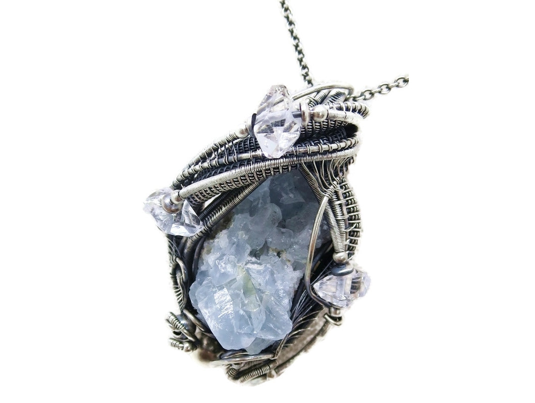 Celestite Druzy and Herkimer Diamond Pendant, Wire-Wrapped in Sterling Silver