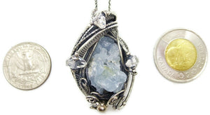 Celestite Druzy and Herkimer Diamond Pendant, Wire-Wrapped in Sterling Silver
