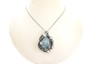 Mystical Celestite & Rainbow Moonstone Wire-Wrapped Sterling Silver Pendant - Gemstone Jewelry