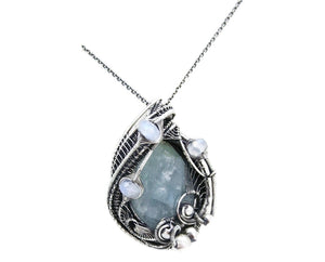 Mystical Celestite & Rainbow Moonstone Wire-Wrapped Sterling Silver Pendant - Gemstone Jewelry