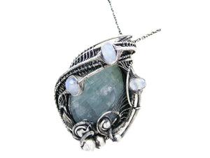 Mystical Celestite & Rainbow Moonstone Wire-Wrapped Sterling Silver Pendant - Gemstone Jewelry
