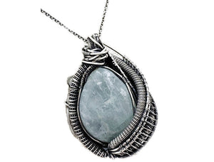 Mystical Celestite & Rainbow Moonstone Wire-Wrapped Sterling Silver Pendant - Gemstone Jewelry