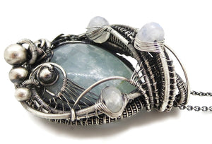 Mystical Celestite & Rainbow Moonstone Wire-Wrapped Sterling Silver Pendant - Gemstone Jewelry