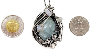 Mystical Celestite & Rainbow Moonstone Wire-Wrapped Sterling Silver Pendant - Gemstone Jewelry