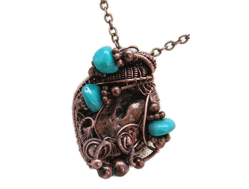 Copper Nugget Pendant Necklace, Wire-Wrapped in Copper with Turquoise