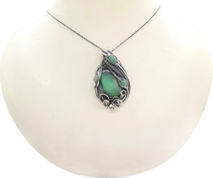 Australian Chrysoprase Wire-Wrapped Pendant in Sterling Silver with Aventurine