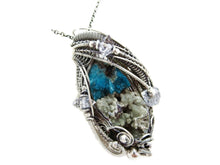 Load image into Gallery viewer, Cavansite in Stilbite Druzy Pendant, Wire-Wrapped in Sterling Silver with Herkimer Diamonds