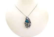 Load image into Gallery viewer, Cavansite in Stilbite Druzy Pendant, Wire-Wrapped in Sterling Silver with Herkimer Diamonds