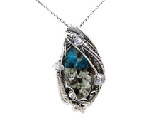 Load image into Gallery viewer, Cavansite in Stilbite Druzy Pendant, Wire-Wrapped in Sterling Silver with Herkimer Diamonds