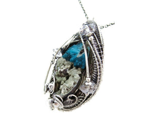 Cavansite in Stilbite Druzy Pendant, Wire-Wrapped in Sterling Silver with Herkimer Diamonds