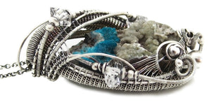 Cavansite in Stilbite Druzy Pendant, Wire-Wrapped in Sterling Silver with Herkimer Diamonds