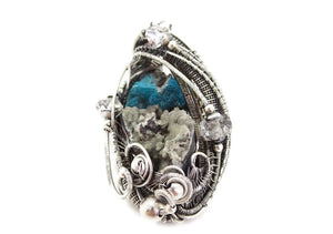 Cavansite in Stilbite Druzy Pendant, Wire-Wrapped in Sterling Silver with Herkimer Diamonds