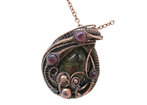 Dragon Blood Jasper Wire Wrapped Pendant in Bronze with Garnet