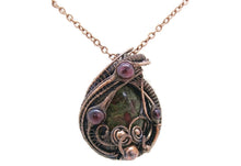 Load image into Gallery viewer, Dragon Blood Jasper Wire Wrapped Pendant in Bronze with Garnet