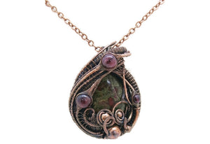 Dragon Blood Jasper Wire Wrapped Pendant in Bronze with Garnet