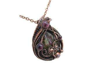 Dragon Blood Jasper Wire Wrapped Pendant in Bronze with Garnet