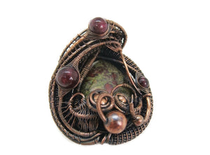 Dragon Blood Jasper Wire Wrapped Pendant in Bronze with Garnet