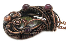 Load image into Gallery viewer, Dragon Blood Jasper Wire Wrapped Pendant in Bronze with Garnet